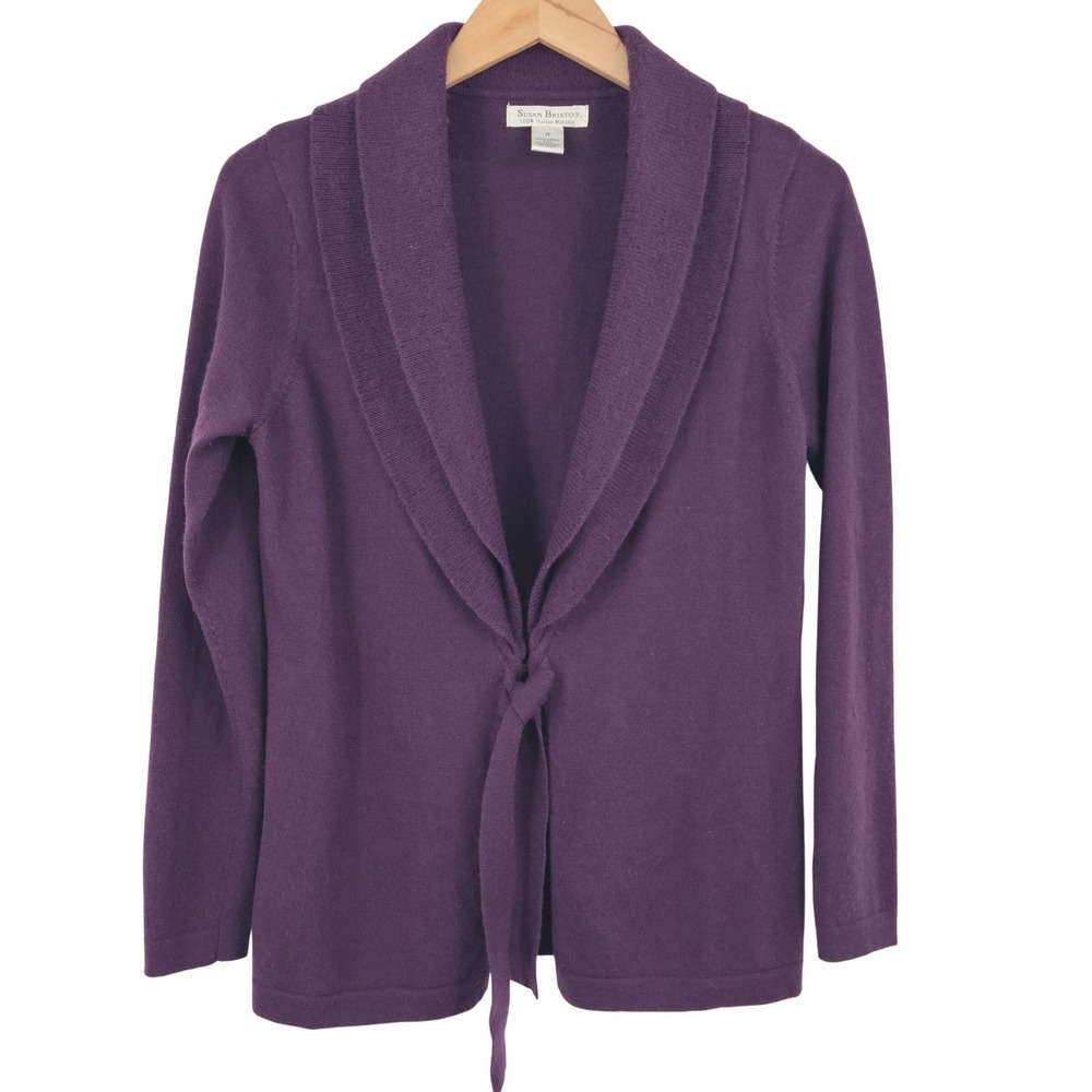Vintage Y2K Susan Bristol 100% Merino Wool Sweater Women Medium Purple Tie Front